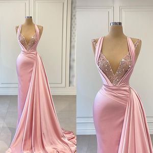 Pink Glitter Prom Dress paljetter ärmlös veck Evening V Neck Fashion Party Red Carpet Dresses Custom Made Made