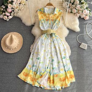 Casual Dresses Mid-Length Yellow Flower Printing Dress With Belt Women Summer Vestidos Lapel Single-breasted Sleeveless Dresses Ladies 2023 New