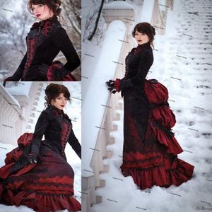 Black and Burgundy Gothic Wedding Dresses Long Sleeve Victorian lace floral walking costume Bustle skirt and Velvet Jacket Bride G307Q
