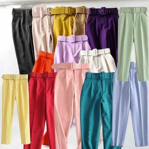 Calça feminina cintura alta casual calça de escritório com cinto calça reta moletom roxo Capris