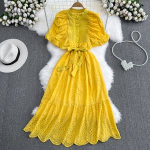 2023 Casual Dresses Runway Summer Elegant Chic Plelated Bow Ruffle Dress A-Line Casual Puff Sleeve Vestidos O-Neck High Spring Summer Vacation Robe