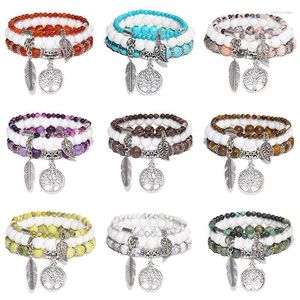 Fios com miçangas Fios multicamada Contas de pedra natural Charm Bracelet Feminino Masculino Turquesa redondo Ágata Pena Árvore da vida Pingente Jóias