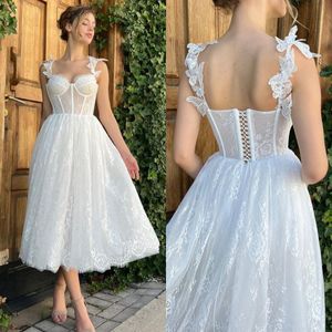 Elegant White Dresses Spaghetti Sweetheart Lace Prom Party Gown Tea Length Homecoming Dress A Line