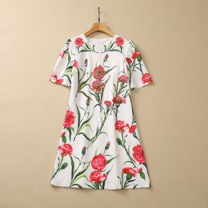 2023 Summer White Floral Print Beaded Dress Short Sleeve Round Neck Rhinestone Short Casual Dresses S3L090608