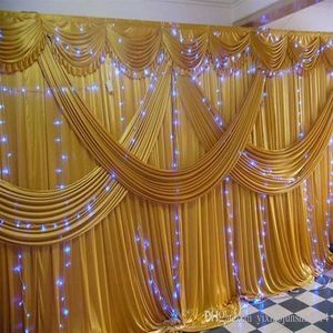 Um conjunto de cenário de casamento de luxo de 3x6m com cortina de casamento com múltiplas cortinas douradas e decoração de festa swag 262M
