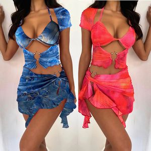 Le donne vestono la tuta sexy di estate calda Mesh Sheer Cover-Up 2023 Tie Dye Bbackless Gonne a maniche corte Body Bikini Donna