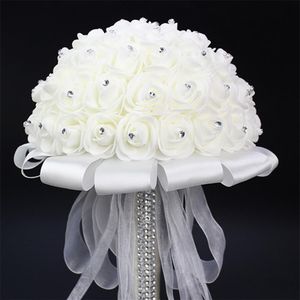 Bouquet da sposa bianco con bouquet di rose artificiali, nastro bianco, manico da damigella d'onore, fiori nuziali, diametro 20 cm, nuovo194a