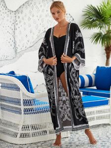 Boho tryck kvinnor bikinis kläder slips front baddräkt cover ups beach kimono cardigan plus size