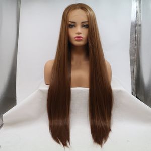 Kvinnor peruker brun silkeslen rak långa spetsar fram med hög värme hår peruker 24 tum