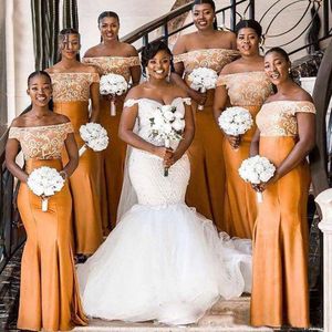 2023 African Nigerian Mermaid Orange Bridesmaid Dresses Long Off The Shoulder Appliqued Satin Dress For Wedding Party