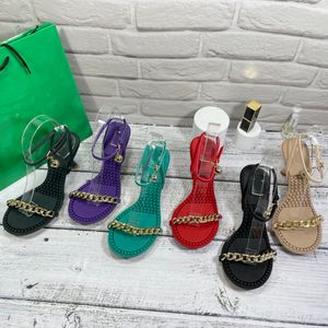 Resmi Zincir Yuvarlak Tasarımcı Kadın Top Tasarım Anti-Slip One Strap Sandalet İnce Topuk Yüksek Topuklu Şeker Renk Dış Mekan Ayakkabı 6.5cm Kutu 14719 S 84473