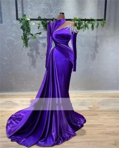 Purple Velvet Mermaid Formal Evening Dresses O Neck Beaded Plus Size Long Sleeves Saudi Arabic Long Prom Party Gowns
