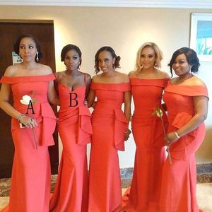 2023 African Arabic Coral Mermaid Long Bridesmaid Dresses Portrait Neck Floor Length Evening Prom Dress Plus Size Wedding Guest Gowns