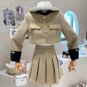 Vestido de duas peças estilo britânico patchwork tweed jaqueta curta conjunto de duas peças feminino Y2k retrô cintura alta saia plissada conjunto de 2 peças 2023