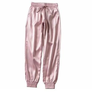 Sonbahar Siyah Saten Joggers Kadın Pantolonlar Yüksek Bel Pantolon Pembe Ter Pantolon Yeşil Saten Pantolon Kadın Sweatpants