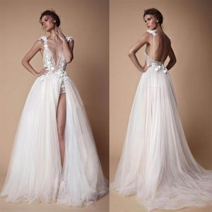 Sexig rygglös 2022 Bohemian Boho Berta Bröllopsklänningar Lace 3D Applicerade en linje Deep V Neck Beach Bridal Gown Tulle Split Side Wed236p