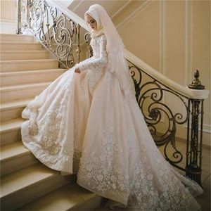 Vintage spets muslimska bröllopsklänningar långa ärmar plus storlek brudklänningar med hijab vestidos de novia lyxig bröllopsklänning338d