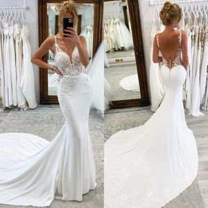 Fashion Mermaid Wedding Dresses Straps V Neck Lace Appliques Luxury Wedding Dress sweep train Button Back wedding bridal gowns