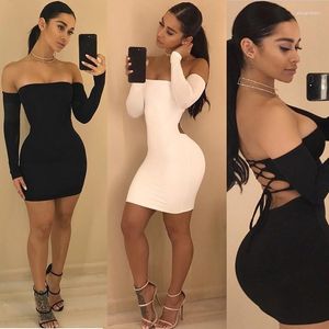 Günlük elbiseler Sonbahar kış uzun kollu elbise kadınlar seksi omuz omuz siyah sırtsız dantel yukarı kulüp bodycon mini yüksek kalite