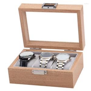 Titta på rutor Fall Portable 3 Slot Wood Display Case Box och Lock Storage OrganizerWatch