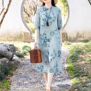 Etniska kläder 2023 Kinesisk bomull och linne förbättrade Cheongsam klänning orientalisk stil traditionell en linje vintage qipao
