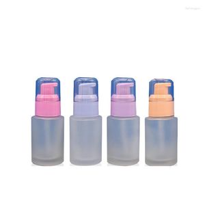 Vorratsflaschen 15 Stück Kosmetik Nachfüllbare Flasche Glas Frost Bunte Pumpe Klarer Deckel 30 ml 1 Unze Luxus Reise Ätherisches Öl Fläschchen Lotion