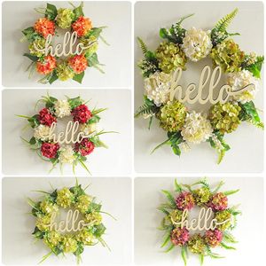 Decorative Flowers Artificial Hydrangea Wreath Hello Welcome Door Decorations Handmade Crafts Floral Garland Front Hanging Wreaths