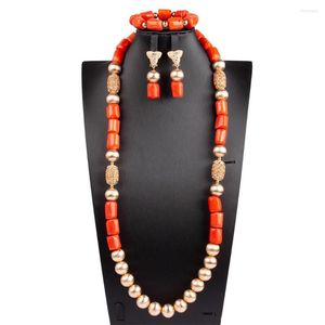 Necklace Earrings Set 32 Inches Original Coral Beads African Jewelry Single Layer Nigerian Wedding Bridal Gift ABG182