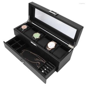 Watch Boxes 6 Slots Luxury Display Box Carbon Fiber Organizer Jewelry Glasses Storage Case With Lid For Watchmaker Black