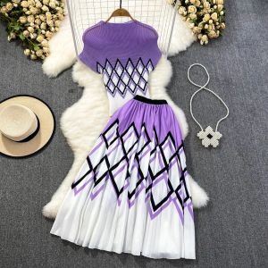 Tvådelt klänning Summer Women's 2 PCS Set Casual Vintage Randig Print Stand Collar Vest Tees Midi Pleated kjoldräkter 2 bitar 2023