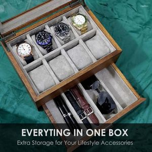 Uhrenboxen Box für Herren mit Valet-Schublade, Massivholz-Vitrine, Armbanduhren-Organizer, Schmuck-/Sonnenbrillen-/Uhrenarmband-Aufbewahrung