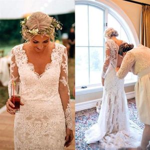 Vintage Country Beach Lace Wedding Dress Sheath V Neck Illusion Long Sleeves Appliques Bridal Gowns Buttons Sweep Train2735