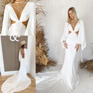 Modern strandsjöjungfru bröllopsklänningar enkla crepe fläckar sexig snitt bohemisk sommarsemester grekisk brudklänning rue de seine247h