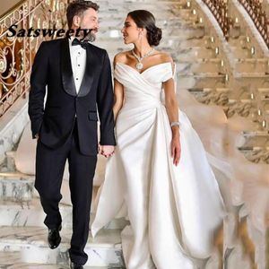 Princess Wedding Dress with Long Train Satin Mermaid Bride Dresses Off the Shoulder Bridal Party Gowns234L