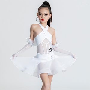 Vestuário de palco para crianças dançando vestido profissional meninas branco halter dança latina salão de baile vestidos de competição XS6294