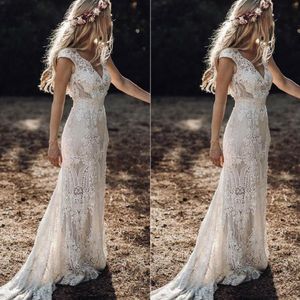 Vintage 2019 Berta Full Dantel Denizkızı Gelinlik V Boyun Kapağı Kolluk Gelinlikleri Bohemian Beach Bahçesi Özel Yapımı Vestido De N210K