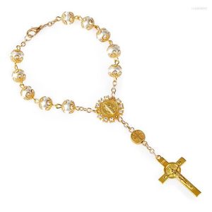 Link Bracciali Oro Argento Colore 8mm Pizzo Vetro Imitazione Perla Bracciale Croce Per Donna Uomo Moda Perline Gioielli Religiosi Cattolici