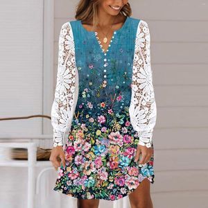 Casual Dresses Women Gradient Printing Crew Neck Button Pleated Lace Hollow Stitching Long Sleeve Mini Dress Juniors