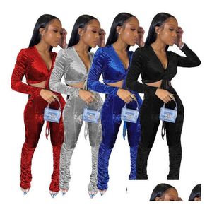 Women'S Two Piece Pants Designers Women Clothes 2021 Autumn Winter Golden Veet Long Sleeve Twopiece Set Drop Delivery Apparel Womens Dhhlk