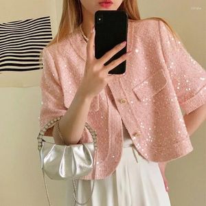 Женские куртки роскошная французская короткая куртка с блестками женщины лето 2023 Корейская модная рукава укороченное пальто Топ тонкий y2k верхняя одежда высокое качество высокое качество