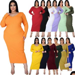 Plus Size Kleider Frauen Designer Kleidung 2022 Herbst Winter Feste Farbe Langarm Rib Pit Stripe Gestricktes Baumwollkleid mit Boden Sk Dhzak