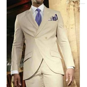 Men's Suits Men's Double Breasted Men Slim Fit 2 Piece Beige Male Fashion Jacket With Pants Peaked Lapel Custom Wedding Groom Tuxedo