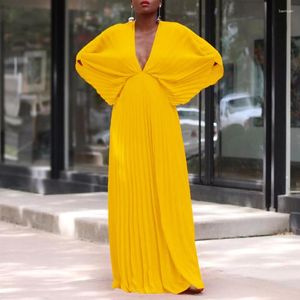 Etniska kläder Summer Elegant African Long Sleeve V-Neck Polyester Yellow Vit Green Pleated Dress Maxi Dresses for Women