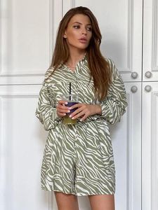 Kvinnors sömnkläder Hiloc 2023 Tryck pyjamas för kvinnor långärmad zebra ränder kvinnors sommardräkt lapel enkelbröst loungekläder