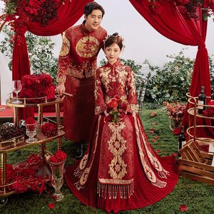 Ethnic Clothing Traditional Exquisite Embroidery Couple Wedding Dress Oriental Chinese Qipao Marriage Toast Cheongsam Vestidos