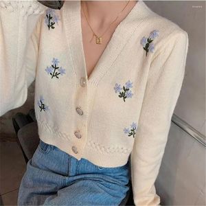 Women's Knits Vintage Flowers Embroidery Sweet College Preppy Fashion Ins Sweaters Women Cardigan V-Neck All-Match Simple Ladies Knitwear