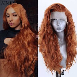 Ginger synthetische Lace-Front-Perücke, lange gewellte Kunsthaar-Perücken, Cosplay, orangefarbene Spitzenperücken für Frauen, hitzebeständige Fasern, Verwendung 230524