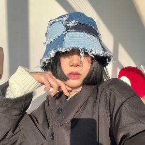 Japanischer Retro-Design-Hut für Männer, Burr Patchwork Denim Bucket Hats Outdoor Sunshade Plain Face Thin Basin Caps für Frauen Tide