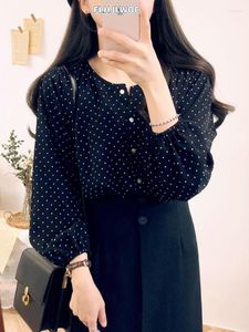 Kadın Bluzları 2023 İlkbahar Yaz Tasarım Üstleri Kadınlar Kore Japon Tiki Tarzı Kızlar Siyah Polka Dot Düğme Gömlekleri 5197
