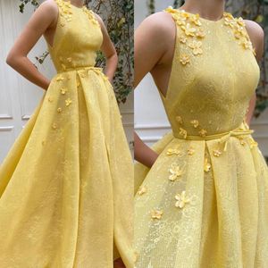 Moda Amarelo Vestidos de Baile Apliques Gola Jóia Vestidos de Noite Ruched Renda Formal Tapete Vermelho Longo Ocasião Especial Vestido de Festa